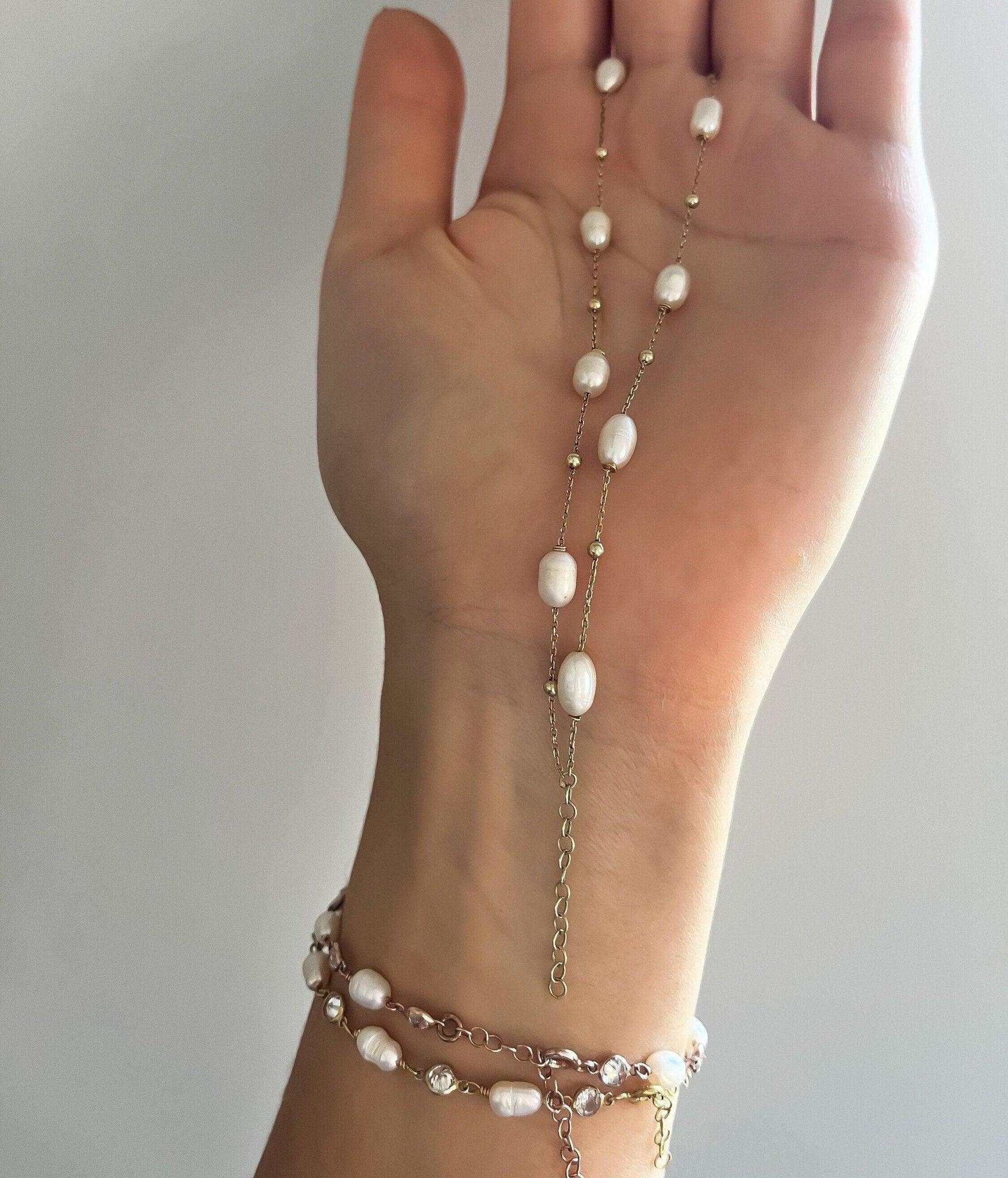 Pearl Double Chain 925 Sterling Silver Bracelet ,Strand Pearl Bracelet,White Pearl Gold Plated Chain,Silver Pearl,Rose Gold,Handmade Silver - Tracesilver