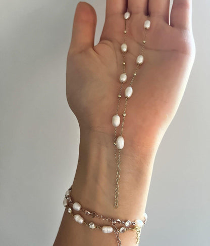 Pearl Double Chain 925 Sterling Silver Bracelet ,Strand Pearl Bracelet,White Pearl Gold Plated Chain,Silver Pearl,Rose Gold,Handmade Silver - Tracesilver