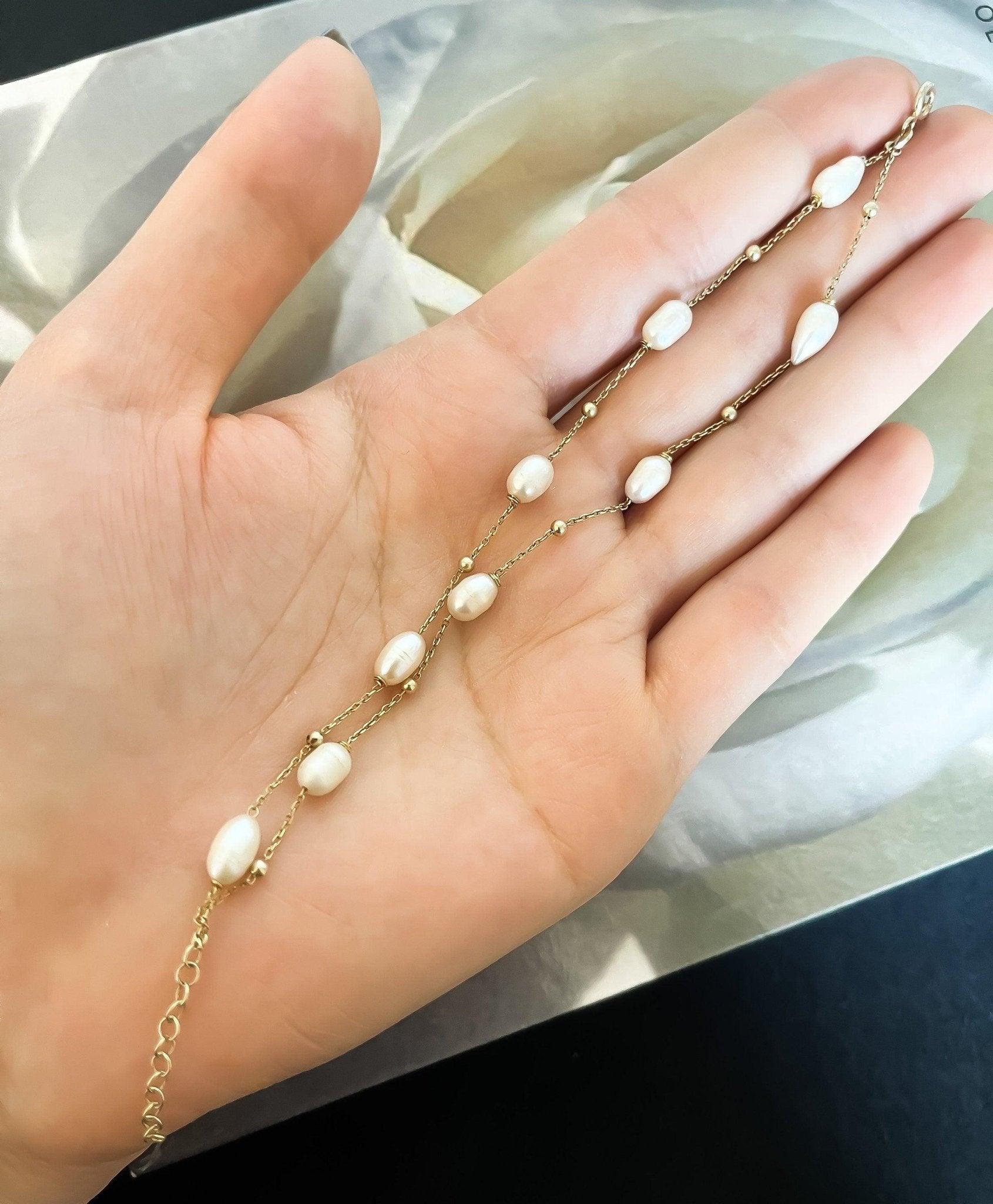 Pearl Double Chain 925 Sterling Silver Bracelet ,Strand Pearl Bracelet,White Pearl Gold Plated Chain,Silver Pearl,Rose Gold,Handmade Silver - Tracesilver