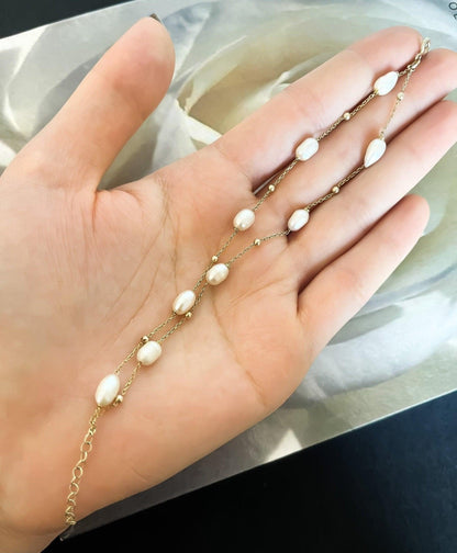 Pearl Double Chain 925 Sterling Silver Bracelet ,Strand Pearl Bracelet,White Pearl Gold Plated Chain,Silver Pearl,Rose Gold,Handmade Silver - Tracesilver
