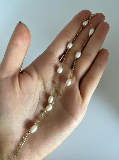 Pearl Double Chain 925 Sterling Silver Bracelet ,Strand Pearl Bracelet,White Pearl Gold Plated Chain,Silver Pearl,Rose Gold,Handmade Silver - Tracesilver