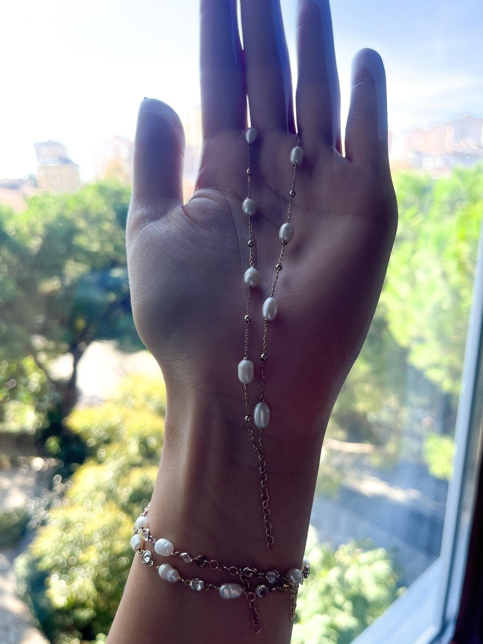 Pearl Double Chain 925 Sterling Silver Bracelet ,Strand Pearl Bracelet,White Pearl Gold Plated Chain,Silver Pearl,Rose Gold,Handmade Silver - Tracesilver