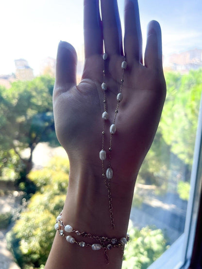 Pearl Double Chain 925 Sterling Silver Bracelet ,Strand Pearl Bracelet,White Pearl Gold Plated Chain,Silver Pearl,Rose Gold,Handmade Silver - Tracesilver