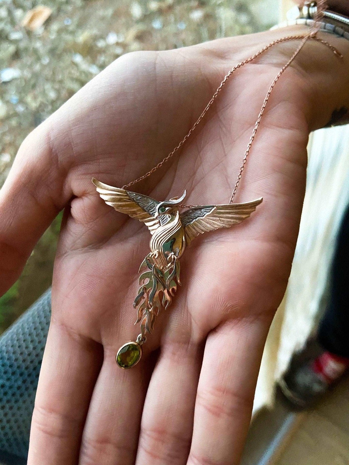 Peridot Gemstone Emerald Eye Fire Bird Phoenix 925 Sterling Silver Necklace, Handmade Phoenix Pendant, Custom Desing Jewerly, Unique Desing - Tracesilver