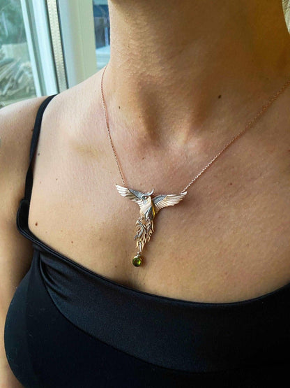 Peridot Gemstone Emerald Eye Fire Bird Phoenix 925 Sterling Silver Necklace, Handmade Phoenix Pendant, Custom Desing Jewerly, Unique Desing - Tracesilver