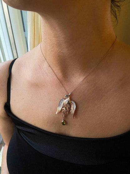 Peridot Gemstone Emerald Eye Fire Bird Phoenix 925 Sterling Silver Necklace, Handmade Phoenix Pendant, Custom Desing Jewerly, Unique Desing - Tracesilver