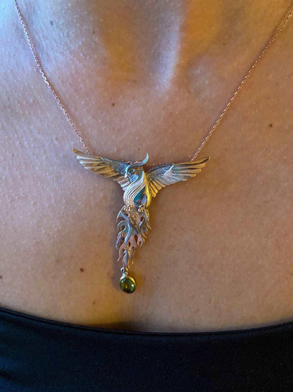 Peridot Gemstone Emerald Eye Fire Bird Phoenix 925 Sterling Silver Necklace, Handmade Phoenix Pendant, Custom Desing Jewerly, Unique Desing - Tracesilver