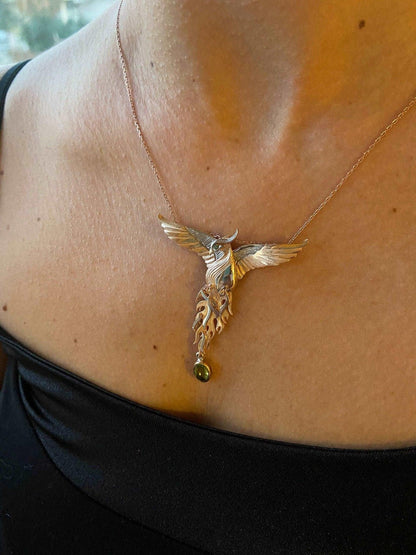 Peridot Gemstone Emerald Eye Fire Bird Phoenix 925 Sterling Silver Necklace, Handmade Phoenix Pendant, Custom Desing Jewerly, Unique Desing - Tracesilver