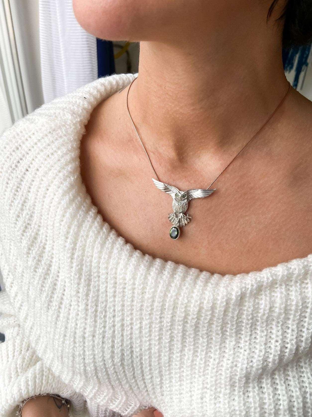 Peridot Stone 925 Silver Owl Design Necklace, Handmade Emerald Eyes Owl Jewelry Peridot Pendant, Owl 925 Sterling Pendant, Owl Gift For Her - Tracesilver