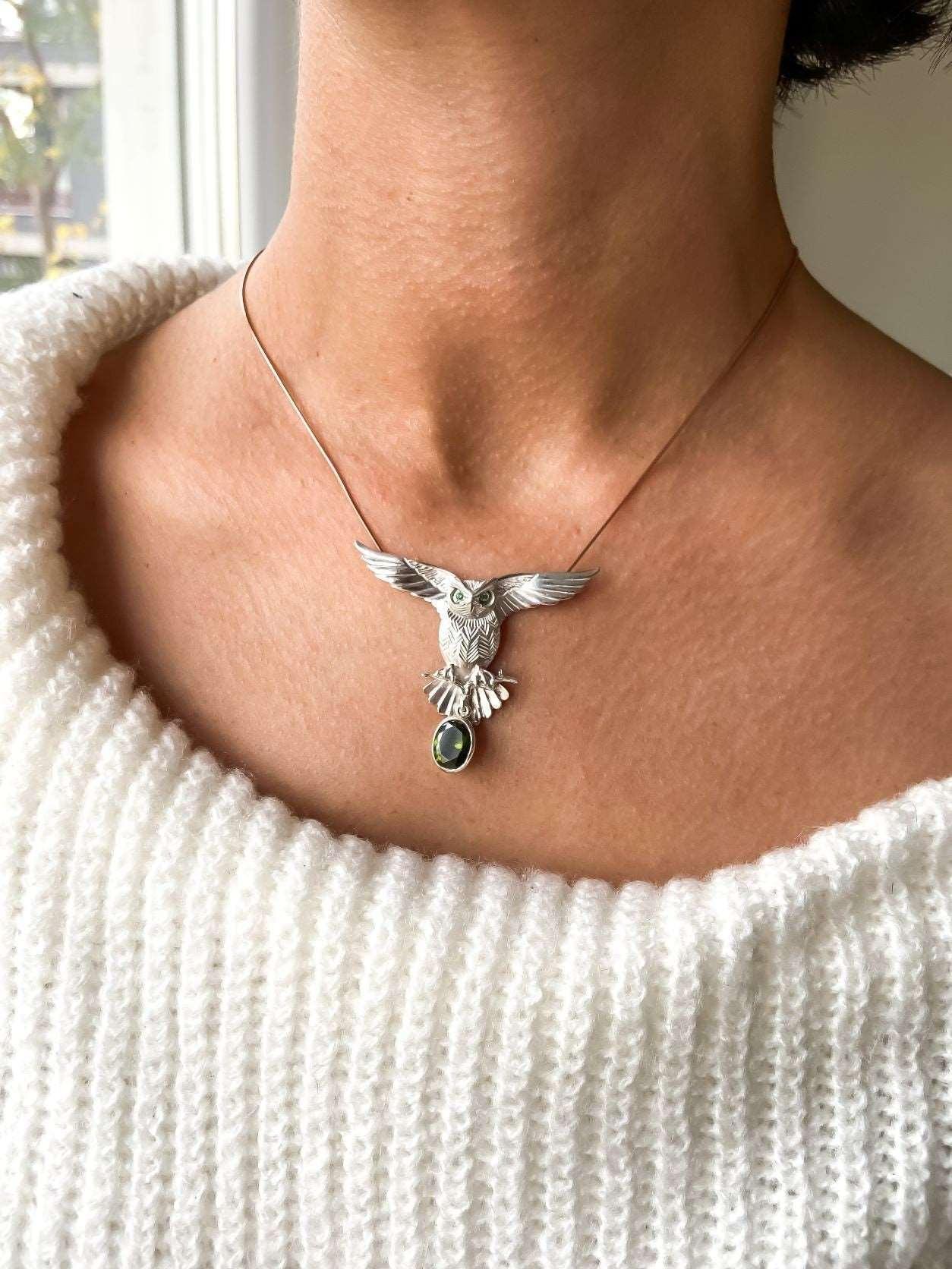Peridot Stone 925 Silver Owl Design Necklace, Handmade Emerald Eyes Owl Jewelry Peridot Pendant, Owl 925 Sterling Pendant, Owl Gift For Her - Tracesilver