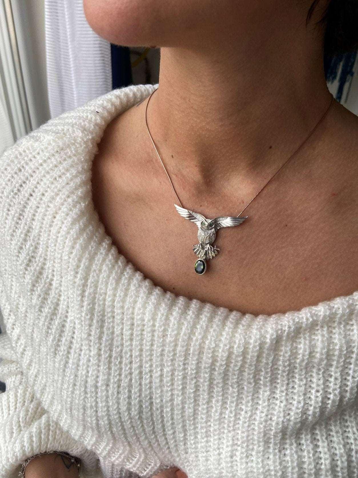 Peridot Stone 925 Silver Owl Design Necklace, Handmade Emerald Eyes Owl Jewelry Peridot Pendant, Owl 925 Sterling Pendant, Owl Gift For Her - Tracesilver