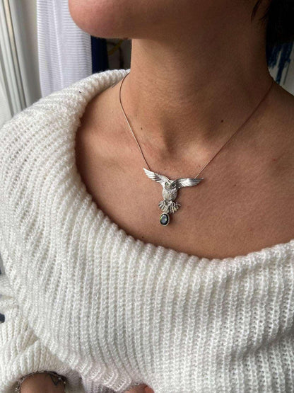 Peridot Stone 925 Silver Owl Design Necklace, Handmade Emerald Eyes Owl Jewelry Peridot Pendant, Owl 925 Sterling Pendant, Owl Gift For Her - Tracesilver