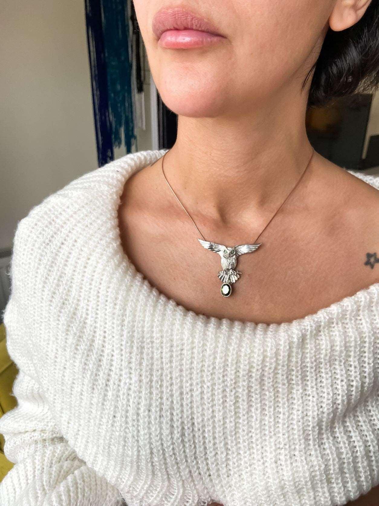 Peridot Stone 925 Silver Owl Design Necklace, Handmade Emerald Eyes Owl Jewelry Peridot Pendant, Owl 925 Sterling Pendant, Owl Gift For Her - Tracesilver