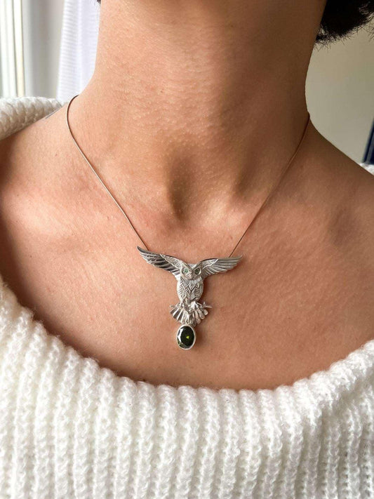 Peridot Stone 925 Silver Owl Design Necklace, Handmade Emerald Eyes Owl Jewelry Peridot Pendant, Owl 925 Sterling Pendant, Owl Gift For Her - Tracesilver