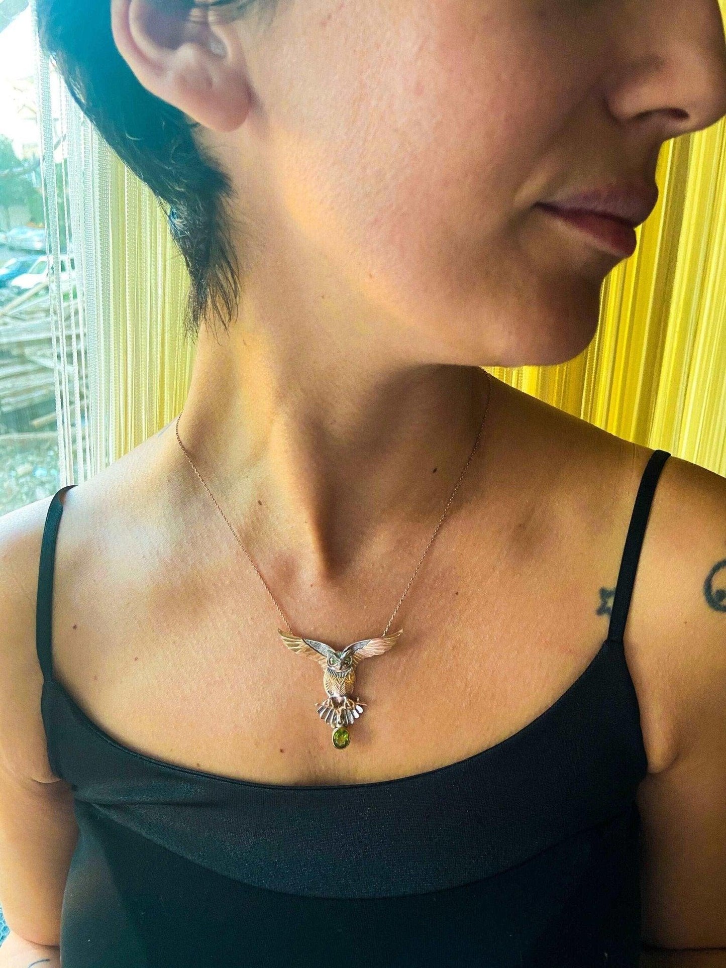 Peridot Stone Owl Custom Desing 925 Sterling Silver Handmade Necklace, Jewelry Gemstone Owl, Emerald Owl Pendant, Owl Gift For Women - Tracesilver