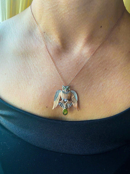Peridot Stone Owl Custom Desing 925 Sterling Silver Handmade Necklace, Jewelry Gemstone Owl, Emerald Owl Pendant, Owl Gift For Women - Tracesilver