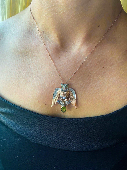 Peridot Stone Owl Custom Desing 925 Sterling Silver Handmade Necklace, Jewelry Gemstone Owl, Emerald Owl Pendant, Owl Gift For Women - Tracesilver
