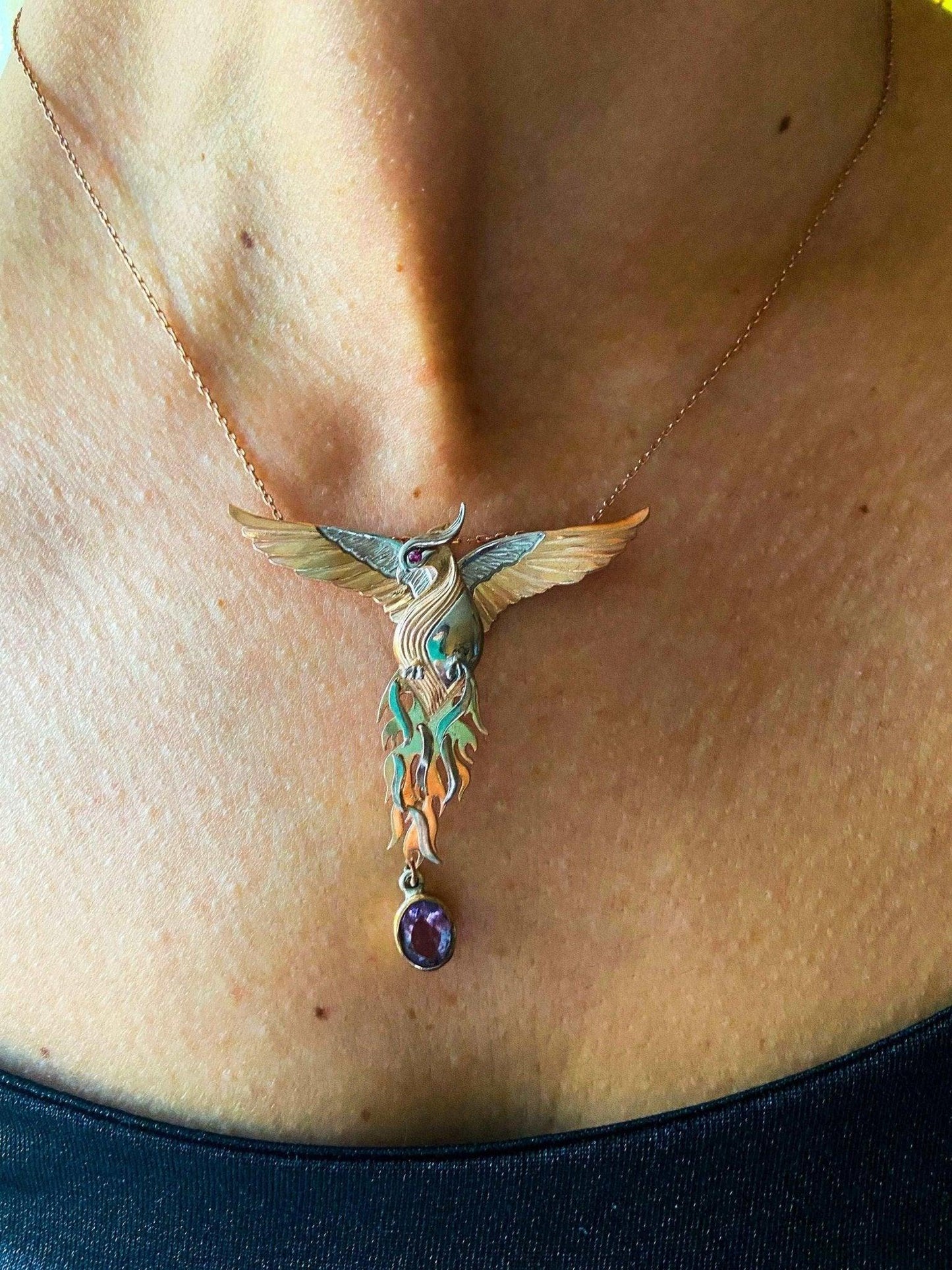 Phoenix Strength Amethyst Stone Firebird 925 Sterling Silver Pendant, Handmade Phoenix Necklace, Custom Desing Jewerly Necklace,Bird Pendant - Tracesilver