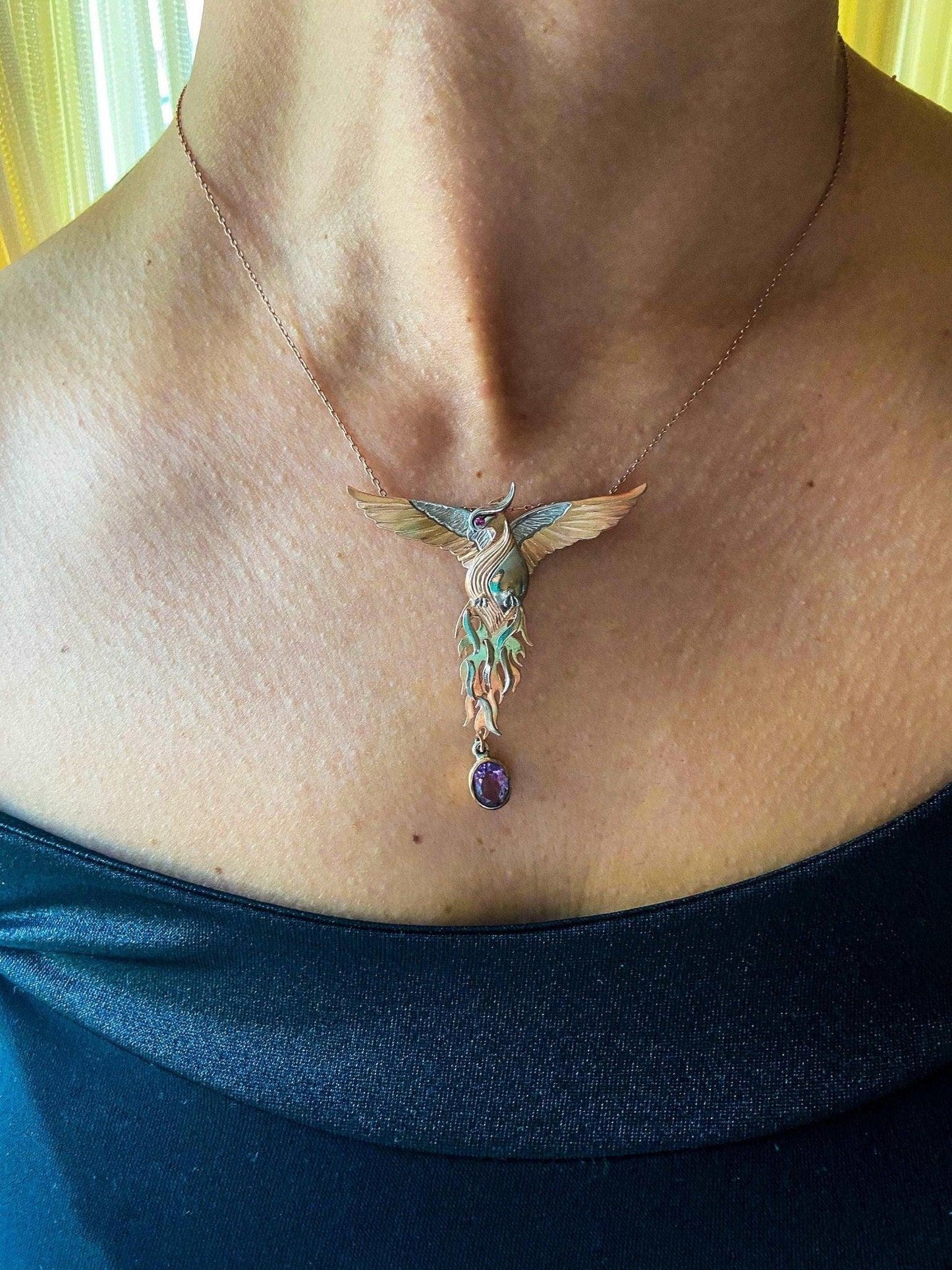 Phoenix Strength Amethyst Stone Firebird 925 Sterling Silver Pendant, Handmade Phoenix Necklace, Custom Desing Jewerly Necklace,Bird Pendant - Tracesilver