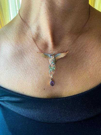 Phoenix Strength Amethyst Stone Firebird 925 Sterling Silver Pendant, Handmade Phoenix Necklace, Custom Desing Jewerly Necklace,Bird Pendant - Tracesilver