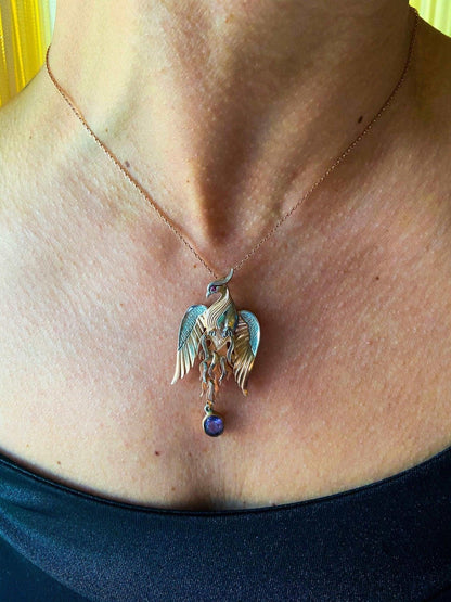 Phoenix Strength Amethyst Stone Firebird 925 Sterling Silver Pendant, Handmade Phoenix Necklace, Custom Desing Jewerly Necklace,Bird Pendant - Tracesilver