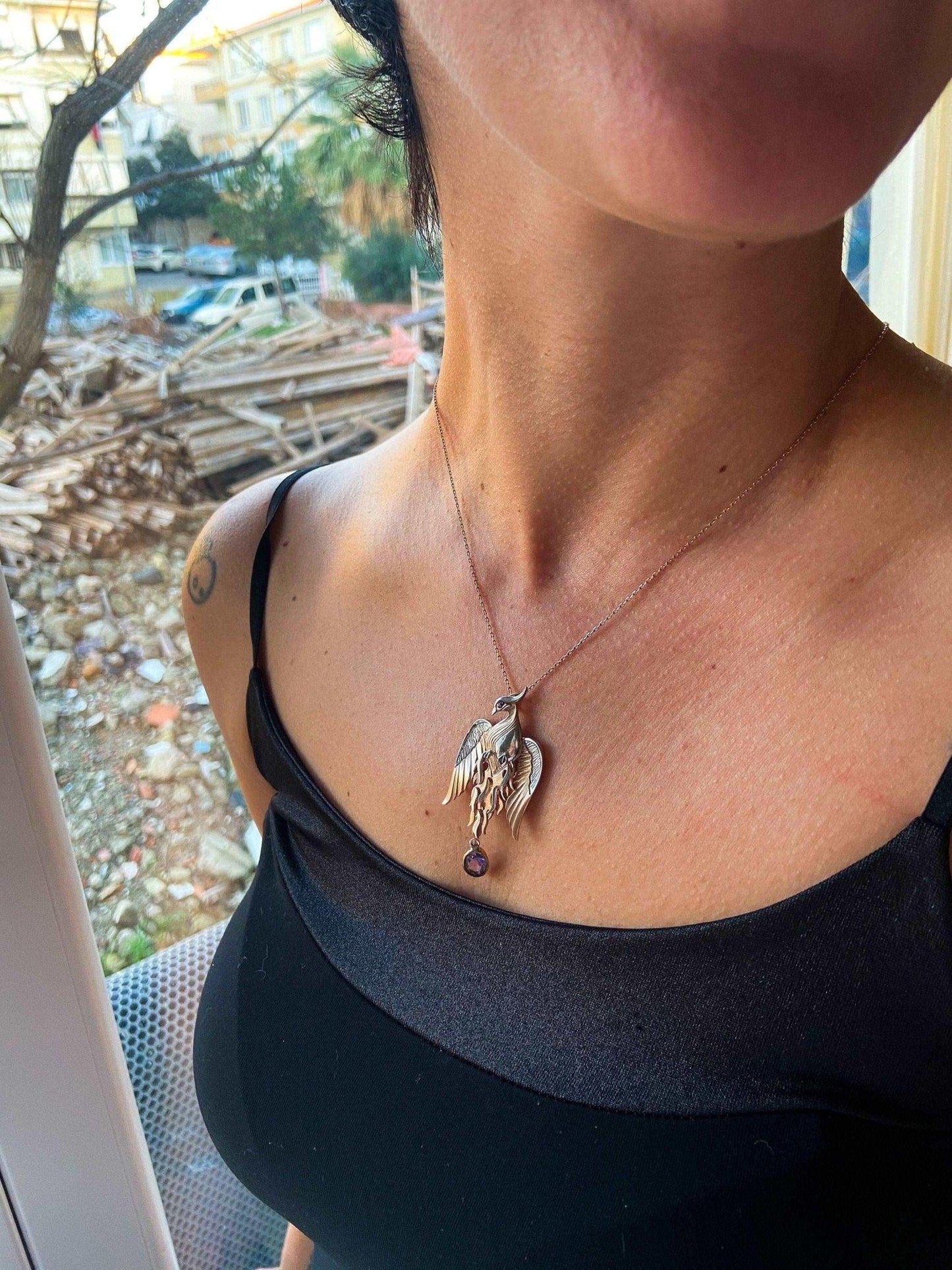 Phoenix Strength Amethyst Stone Firebird 925 Sterling Silver Pendant, Handmade Phoenix Necklace, Custom Desing Jewerly Necklace,Bird Pendant - Tracesilver