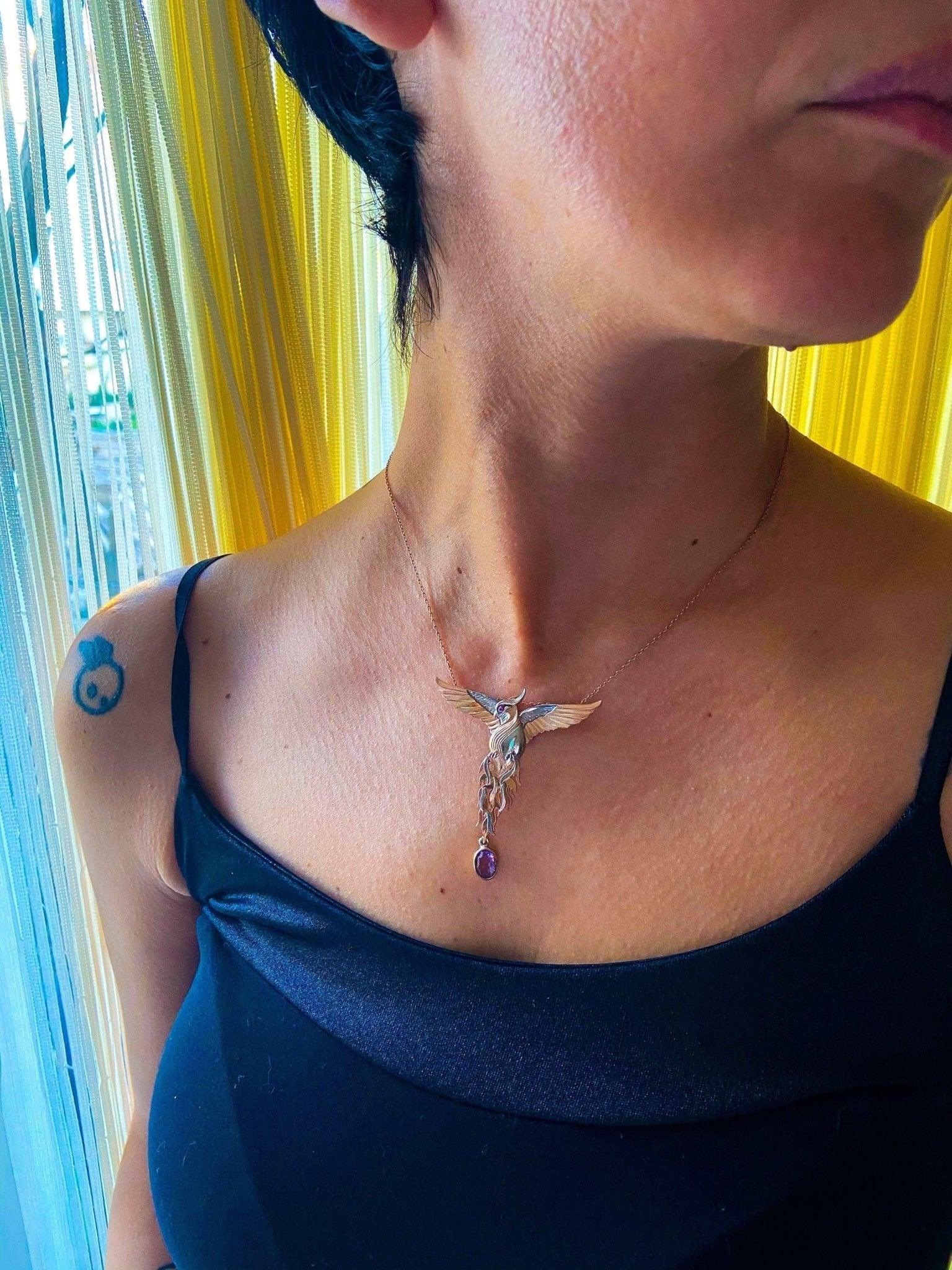 Phoenix Strength Amethyst Stone Firebird 925 Sterling Silver Pendant, Handmade Phoenix Necklace, Custom Desing Jewerly Necklace,Bird Pendant - Tracesilver