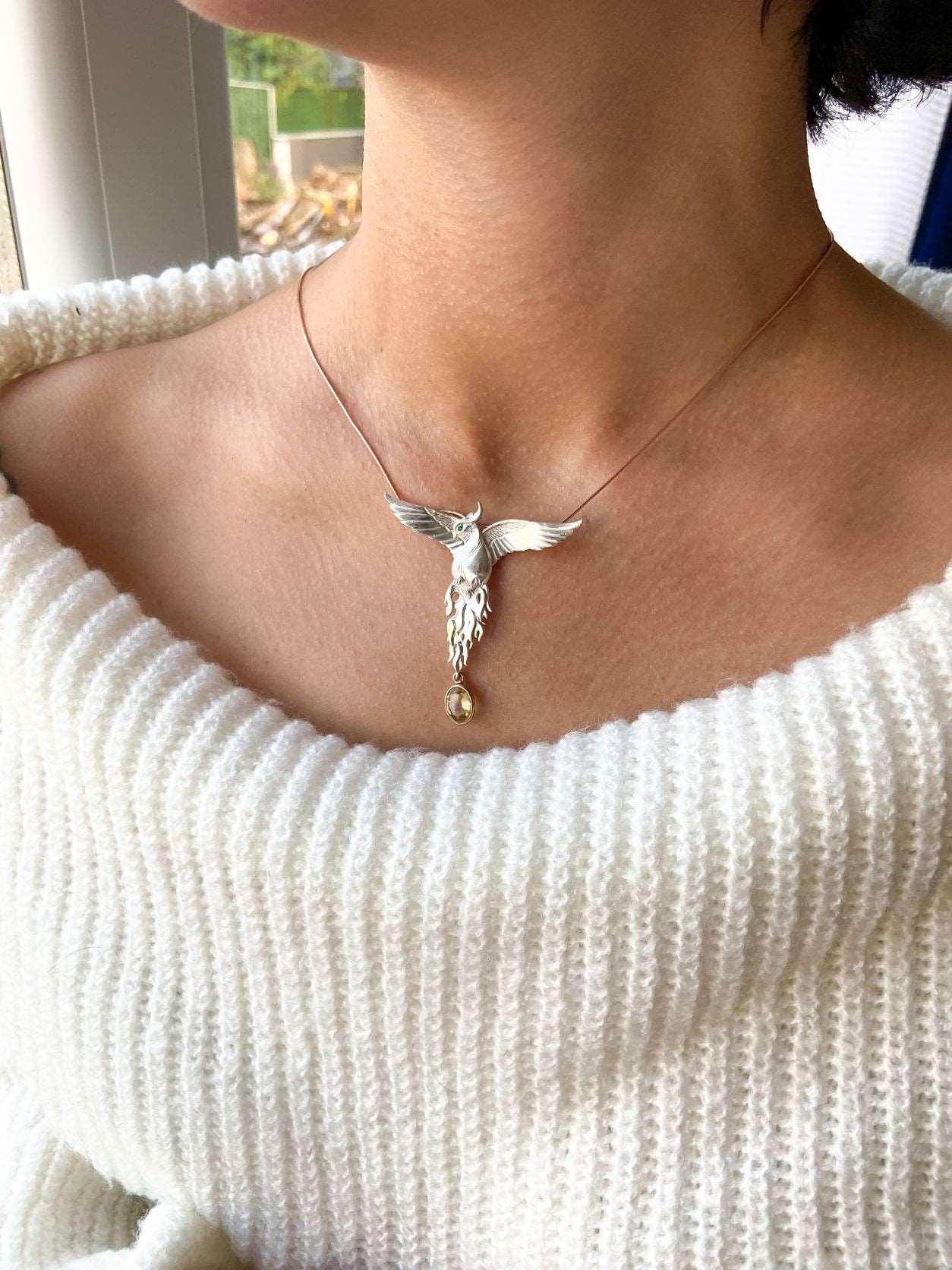 Phoenix Strength Citrine Stone Emerald Eyes Firebird 925 Sterling Silver Pendant, Handmade Phoenix Necklace, Custom Desing Jewerly Bird - Tracesilver