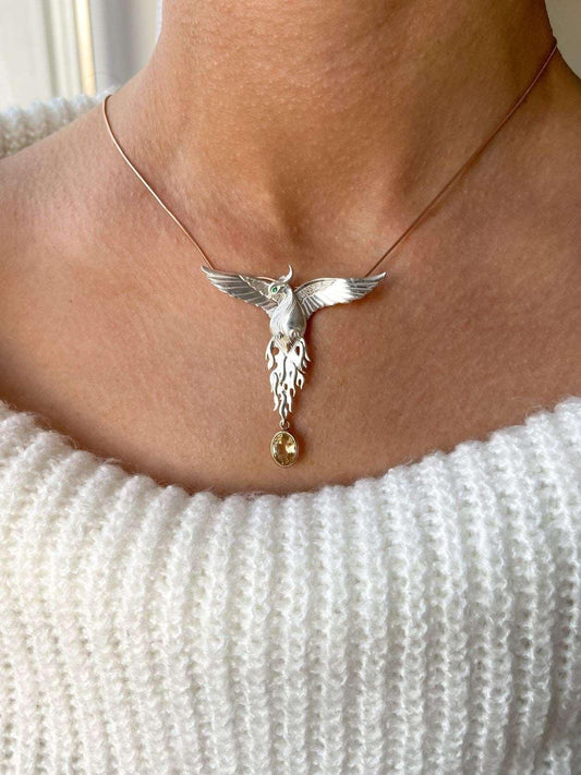 Phoenix Strength Citrine Stone Emerald Eyes Firebird 925 Sterling Silver Pendant, Handmade Phoenix Necklace, Custom Desing Jewerly Bird - Tracesilver