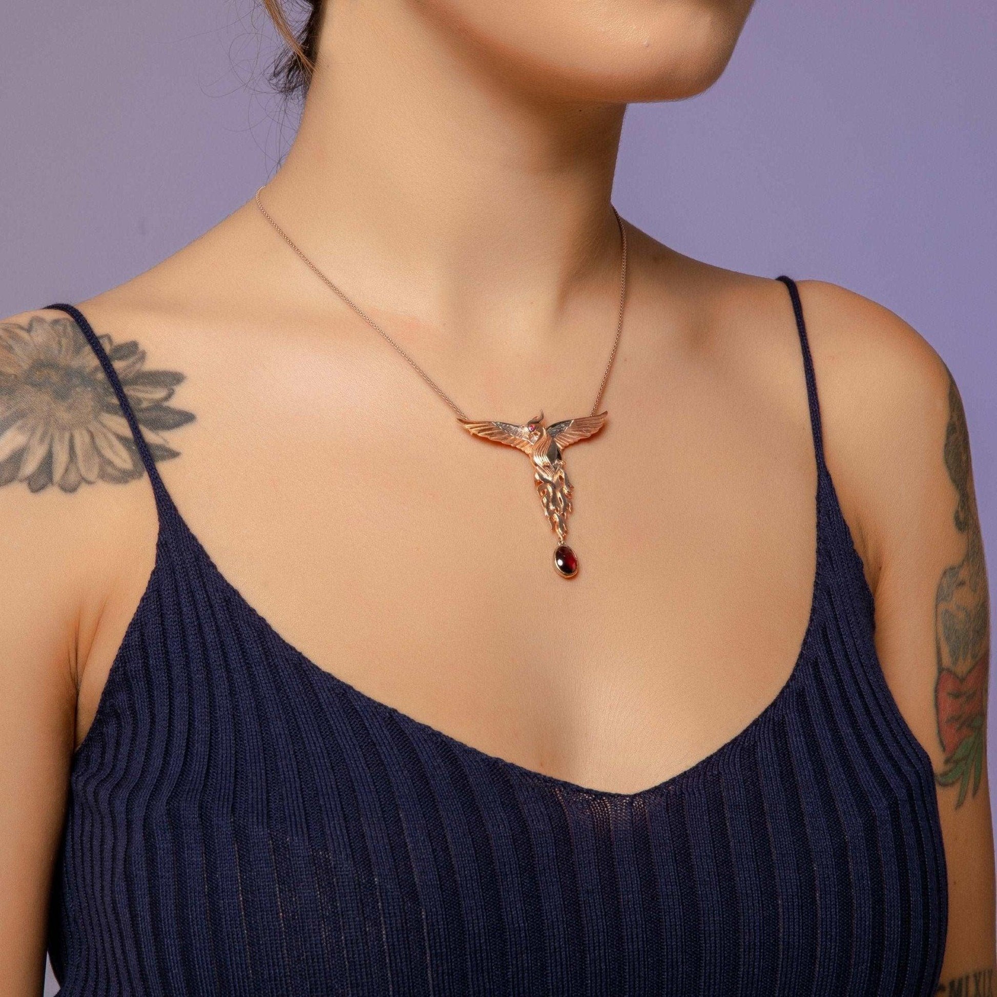 Phoenix Strength Root Ruby Pendant, Firebird Handmade 925 Sterling Silver Phoenix Necklace, Custom Desing Animal Jewerly, Root Ruby GemStone - Tracesilver