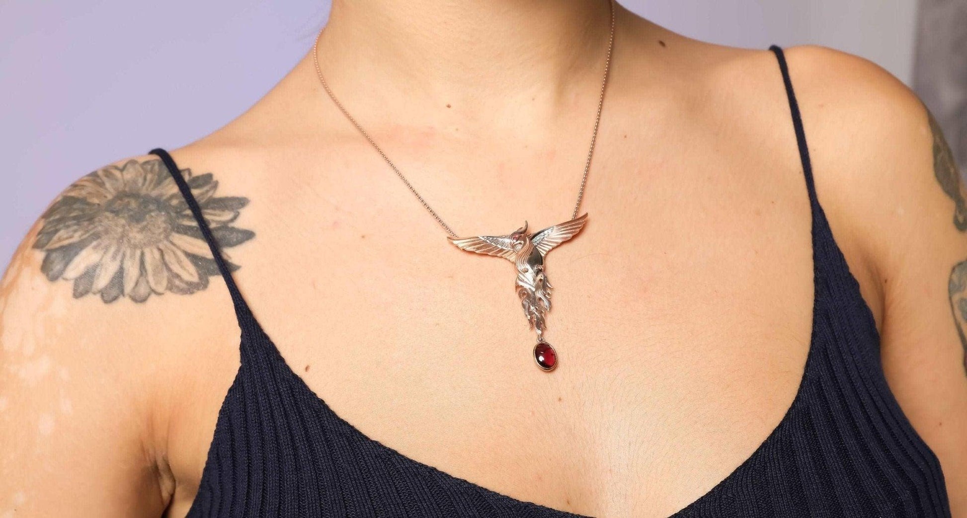 Phoenix Strength Root Ruby Pendant, Firebird Handmade 925 Sterling Silver Phoenix Necklace, Custom Desing Animal Jewerly, Root Ruby GemStone - Tracesilver
