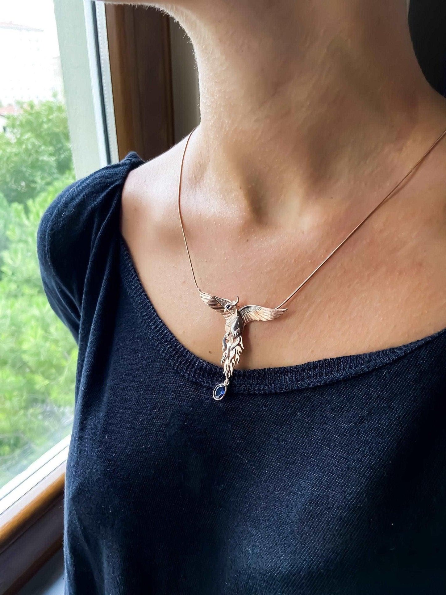 Phoenix Strength Sapphire Stone Firebird 925 Sterling Silver Pendant, Handmade Phoenix Necklace, Custom Desing Jewerly Pendant, Bird Pendant - Tracesilver