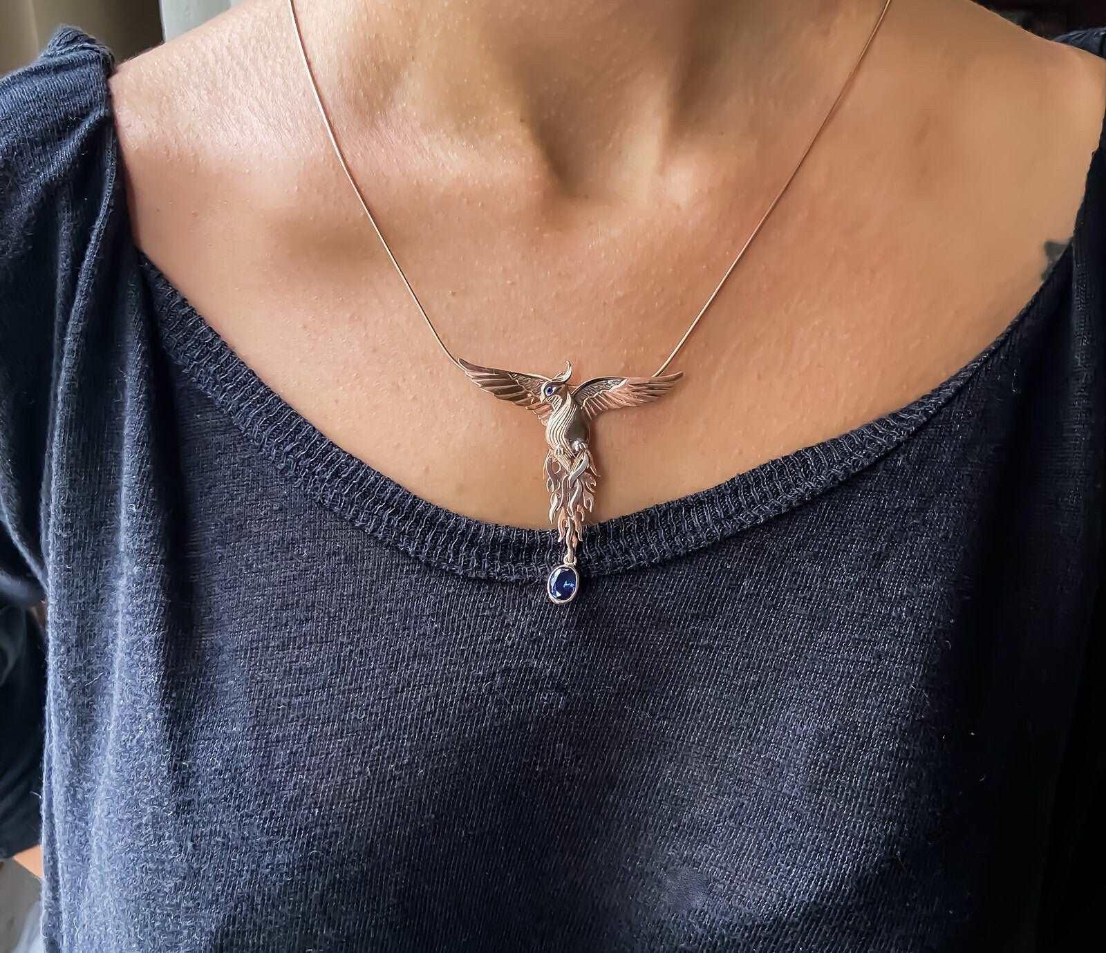 Phoenix Strength Sapphire Stone Firebird 925 Sterling Silver Pendant, Handmade Phoenix Necklace, Custom Desing Jewerly Pendant, Bird Pendant - Tracesilver