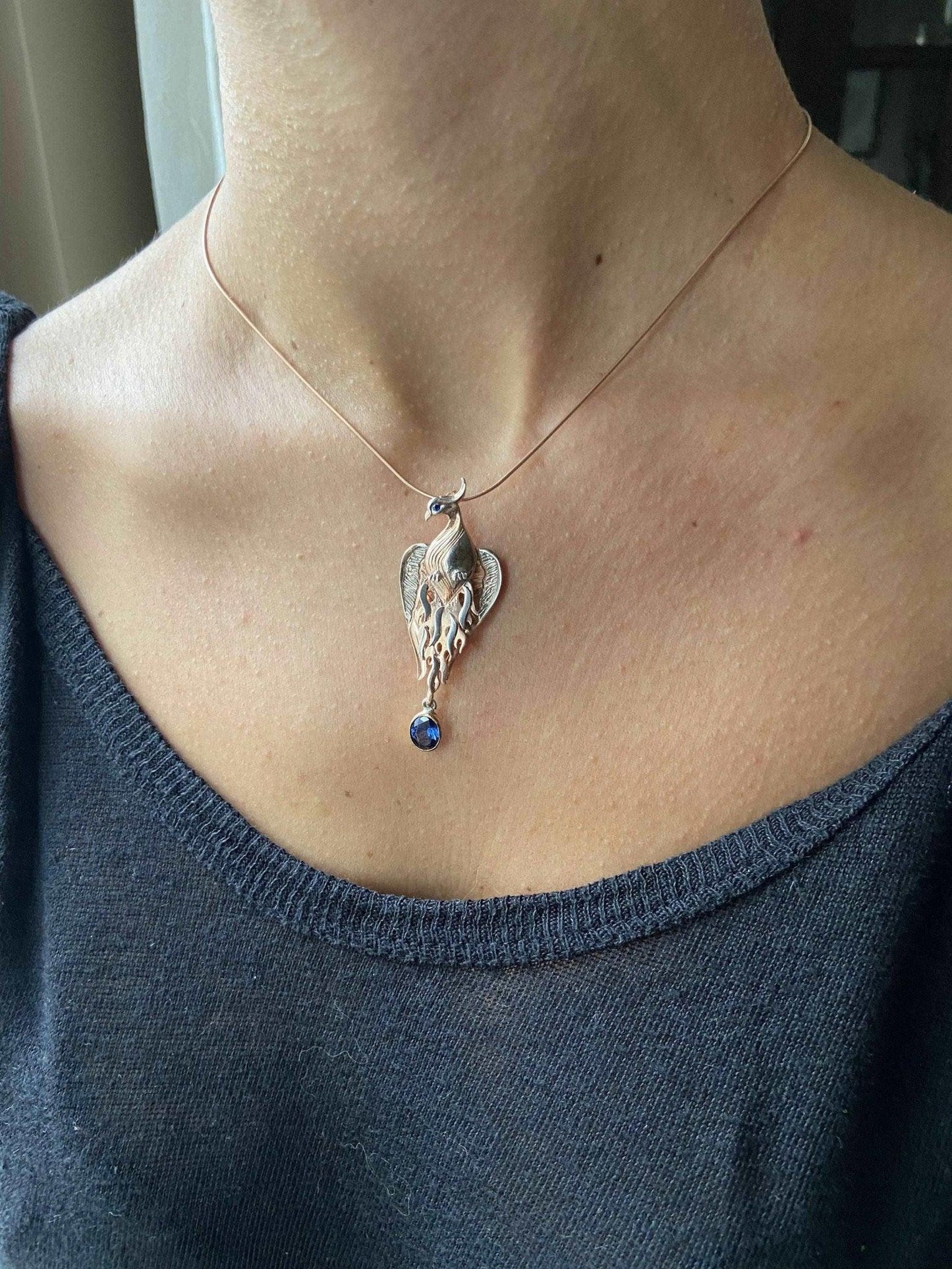 Phoenix Strength Sapphire Stone Firebird 925 Sterling Silver Pendant, Handmade Phoenix Necklace, Custom Desing Jewerly Pendant, Bird Pendant - Tracesilver