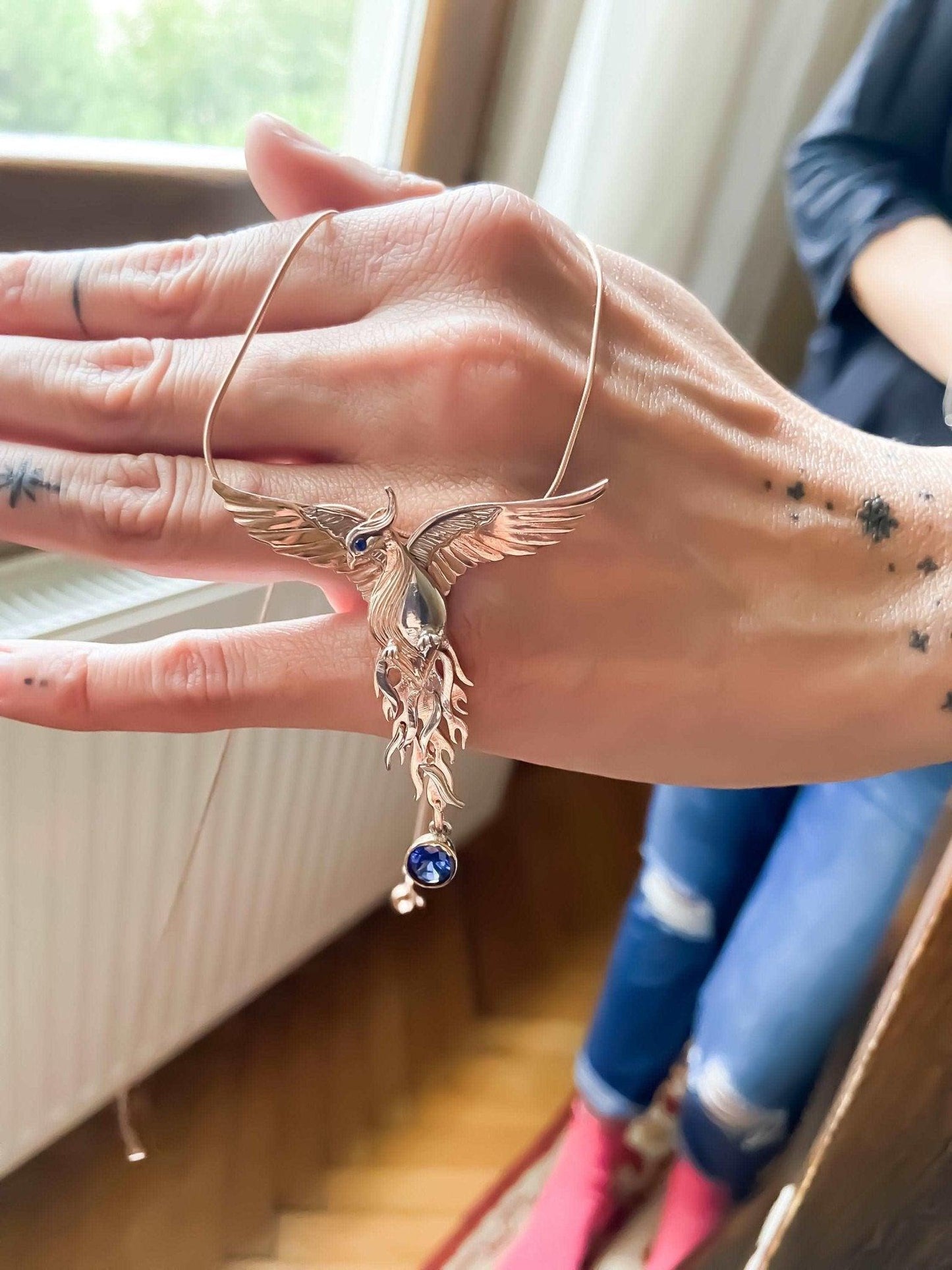 Phoenix Strength Sapphire Stone Firebird 925 Sterling Silver Pendant, Handmade Phoenix Necklace, Custom Desing Jewerly Pendant, Bird Pendant - Tracesilver