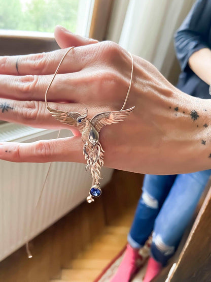 Phoenix Strength Sapphire Stone Firebird 925 Sterling Silver Pendant, Handmade Phoenix Necklace, Custom Desing Jewerly Pendant, Bird Pendant - Tracesilver