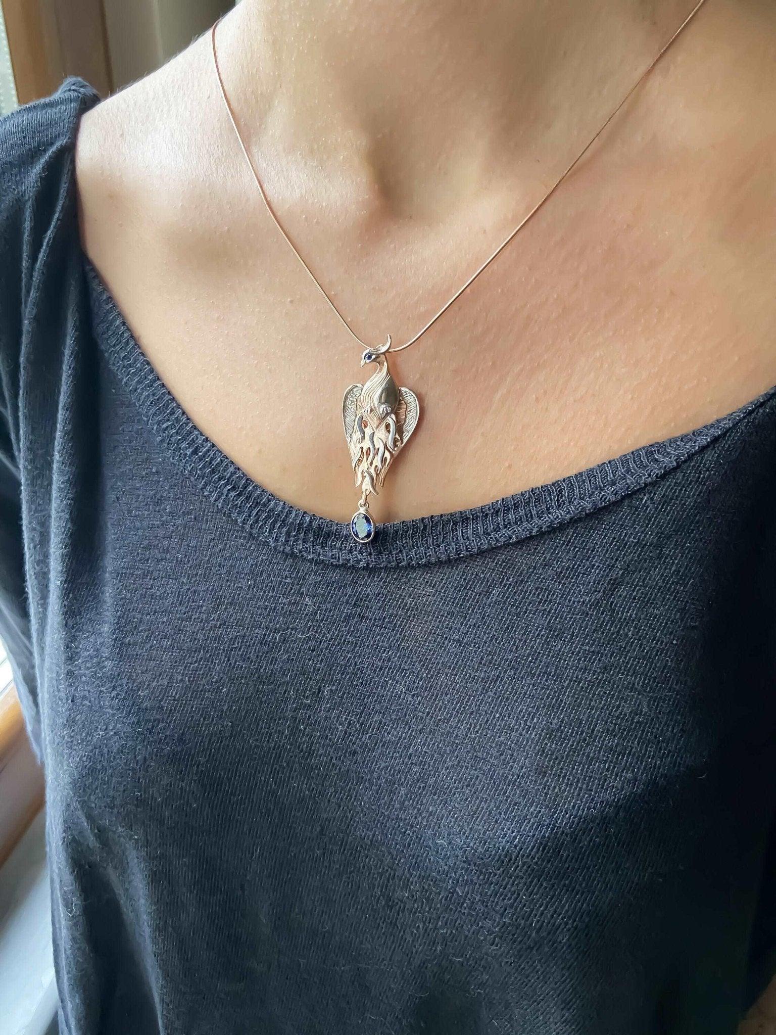 Phoenix Strength Sapphire Stone Firebird 925 Sterling Silver Pendant, Handmade Phoenix Necklace, Custom Desing Jewerly Pendant, Bird Pendant - Tracesilver