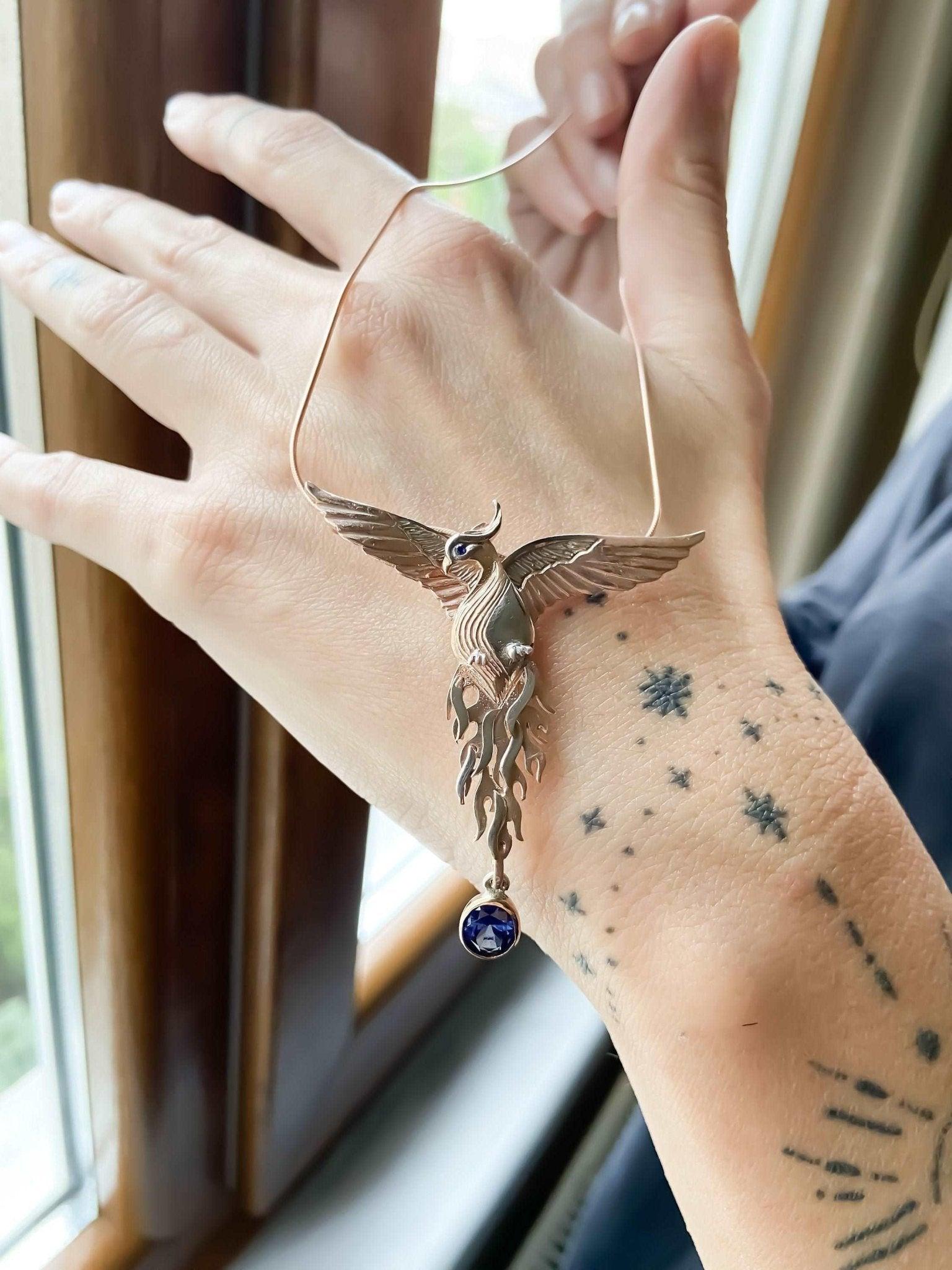 Phoenix Strength Sapphire Stone Firebird 925 Sterling Silver Pendant, Handmade Phoenix Necklace, Custom Desing Jewerly Pendant, Bird Pendant - Tracesilver