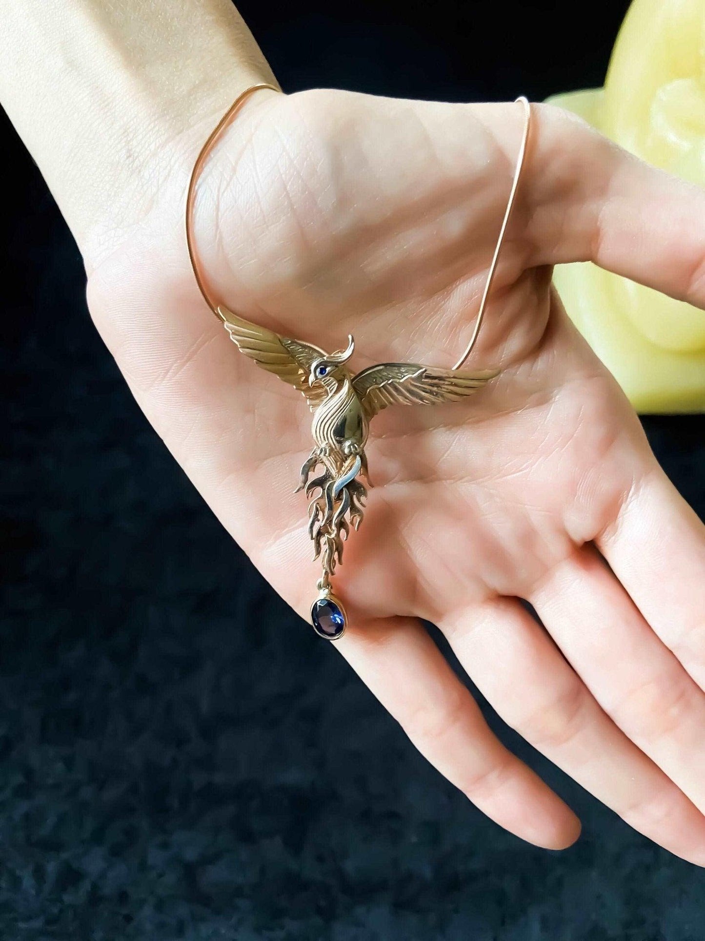 Phoenix Strength Sapphire Stone Firebird 925 Sterling Silver Pendant, Handmade Phoenix Necklace, Custom Desing Jewerly Pendant, Bird Pendant - Tracesilver