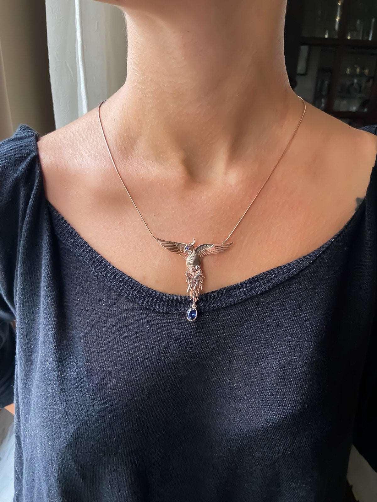Phoenix Strength Sapphire Stone Firebird 925 Sterling Silver Pendant, Handmade Phoenix Necklace, Custom Desing Jewerly Pendant, Bird Pendant - Tracesilver