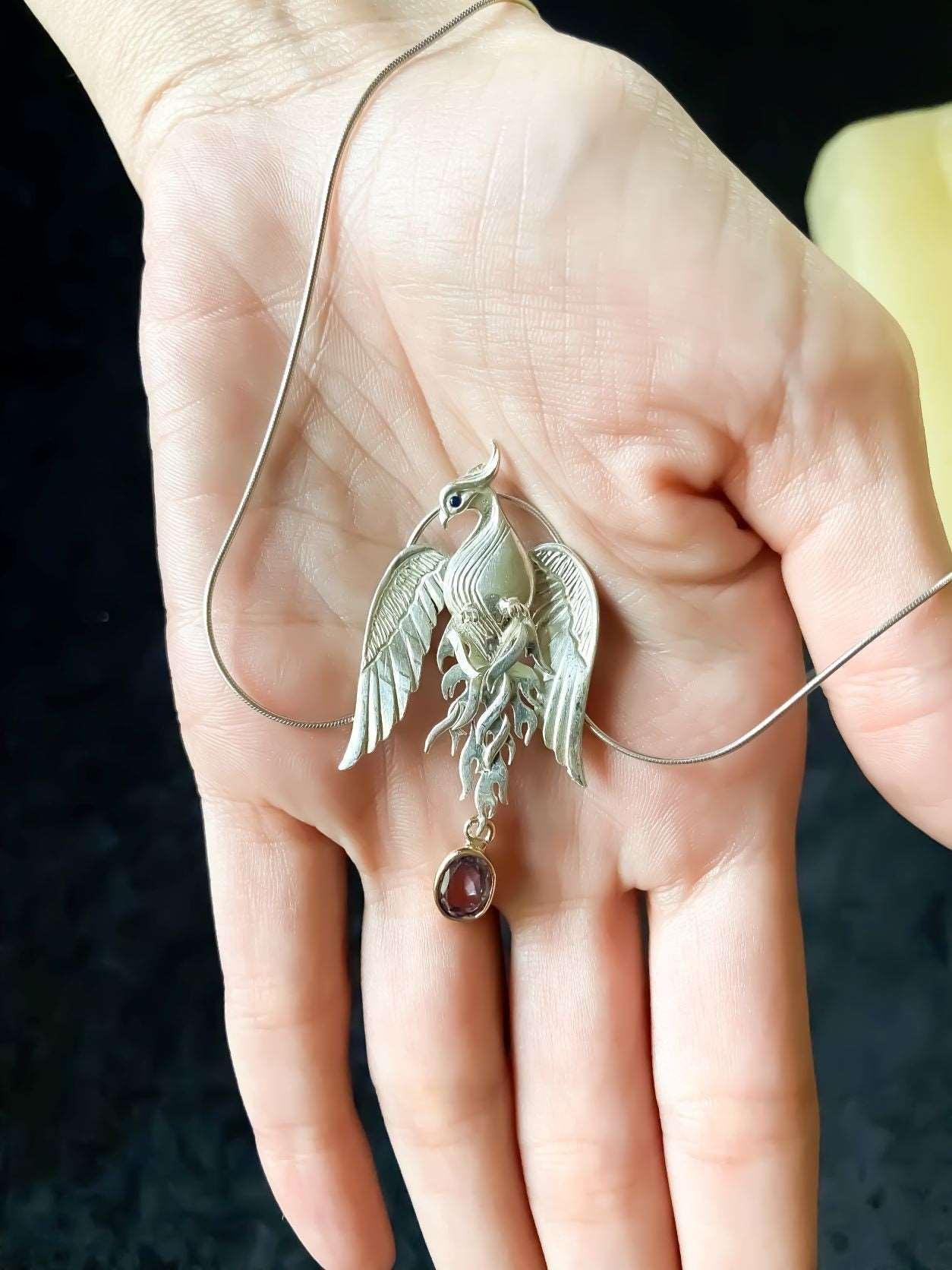 Pure Silver Firebird Strength Phoenix 925 Sterling Silver Necklace, Handmade Phoenix Amethyst Stone Sapphire Eye, Custom Desing Jewerly - Tracesilver