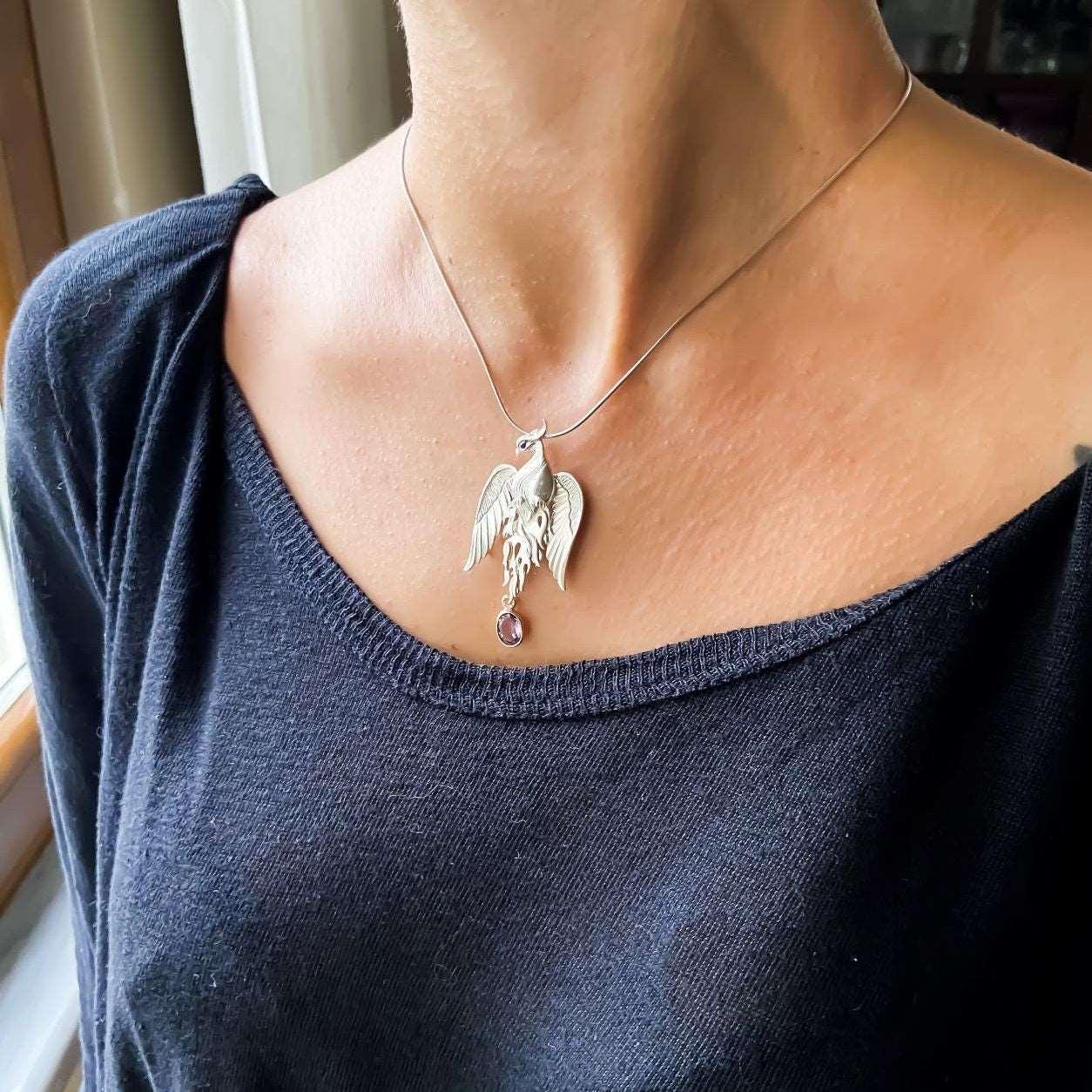 Pure Silver Firebird Strength Phoenix 925 Sterling Silver Necklace, Handmade Phoenix Amethyst Stone Sapphire Eye, Custom Desing Jewerly - Tracesilver