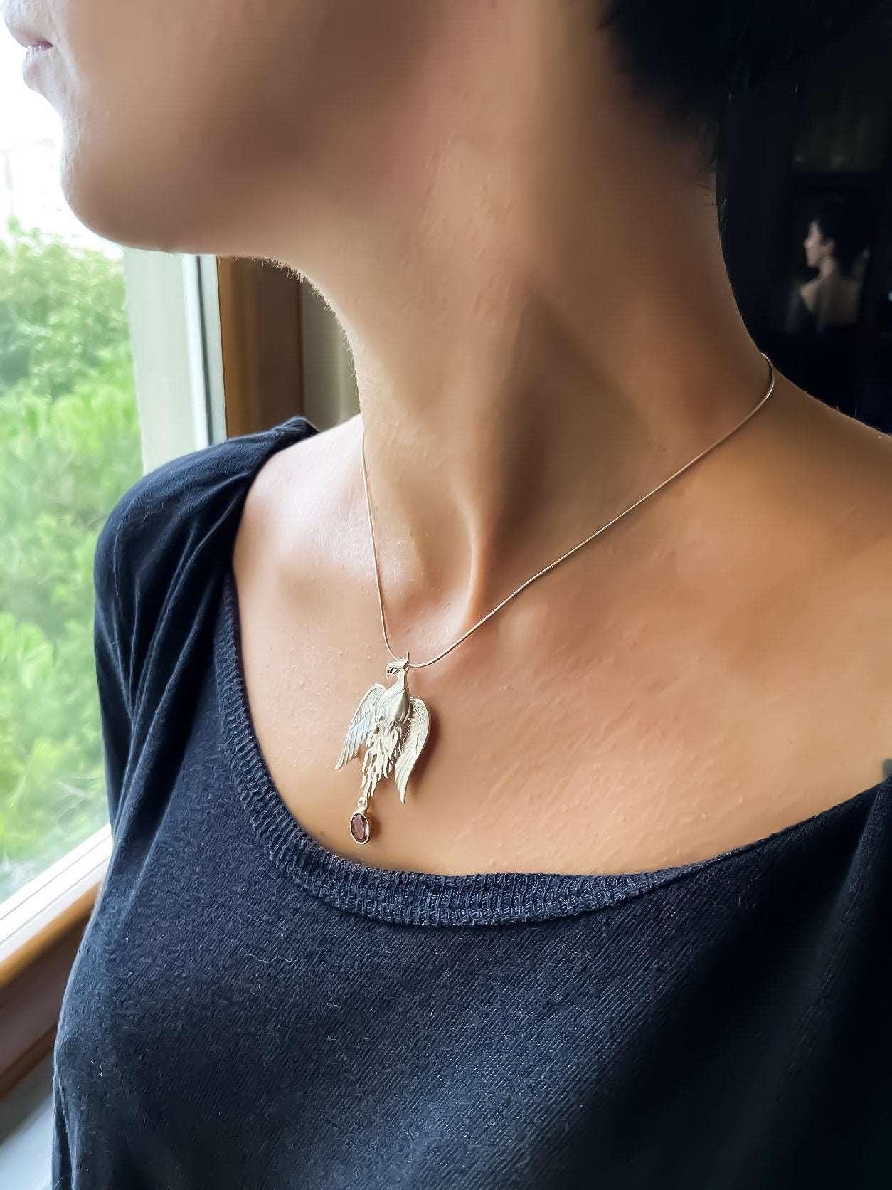 Pure Silver Firebird Strength Phoenix 925 Sterling Silver Necklace, Handmade Phoenix Amethyst Stone Sapphire Eye, Custom Desing Jewerly - Tracesilver
