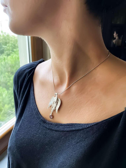 Pure Silver Firebird Strength Phoenix 925 Sterling Silver Necklace, Handmade Phoenix Amethyst Stone Sapphire Eye, Custom Desing Jewerly - Tracesilver