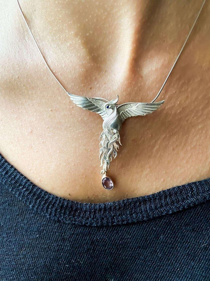 Pure Silver Firebird Strength Phoenix 925 Sterling Silver Necklace, Handmade Phoenix Amethyst Stone Sapphire Eye, Custom Desing Jewerly - Tracesilver