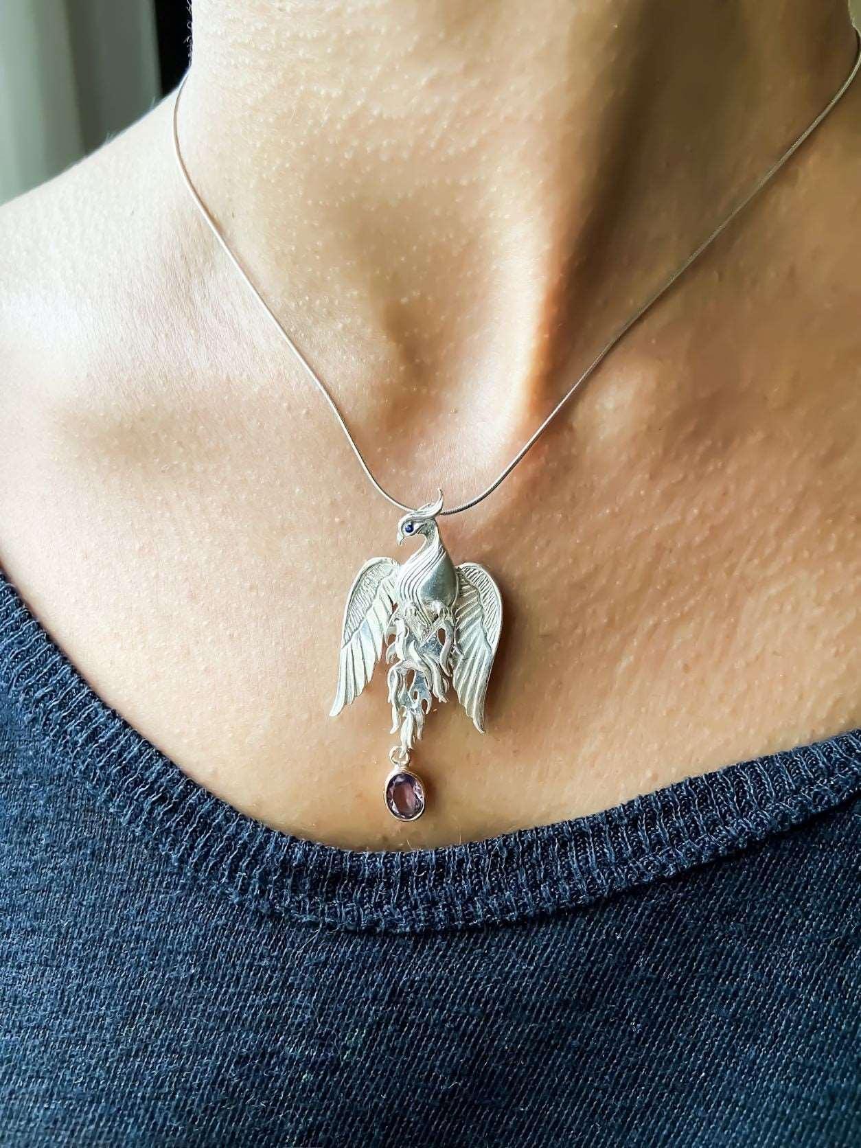 Pure Silver Firebird Strength Phoenix 925 Sterling Silver Necklace, Handmade Phoenix Amethyst Stone Sapphire Eye, Custom Desing Jewerly - Tracesilver