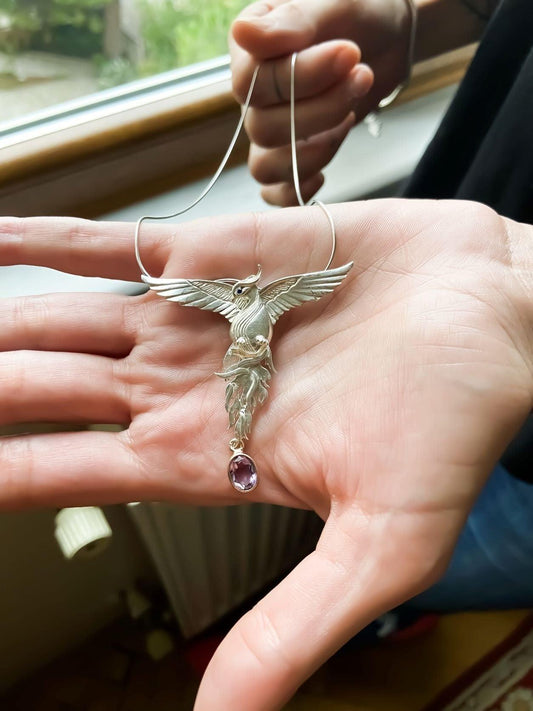 Pure Silver Firebird Strength Phoenix 925 Sterling Silver Necklace, Handmade Phoenix Amethyst Stone Sapphire Eye, Custom Desing Jewerly - Tracesilver