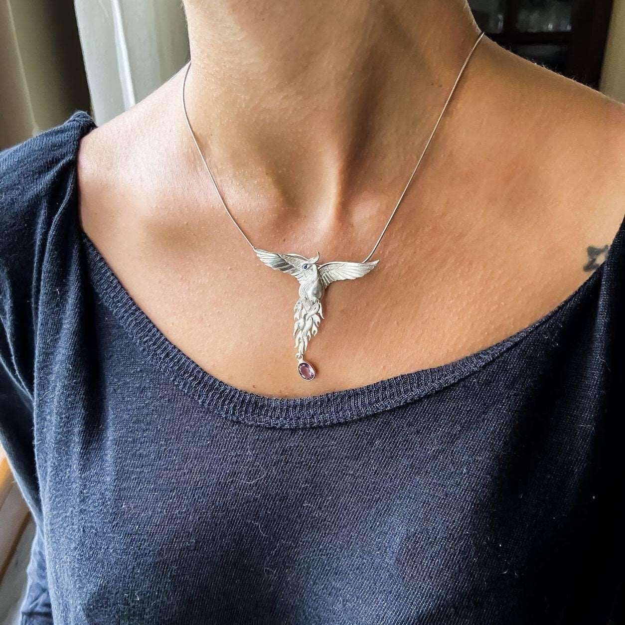 Pure Silver Firebird Strength Phoenix 925 Sterling Silver Necklace, Handmade Phoenix Amethyst Stone Sapphire Eye, Custom Desing Jewerly - Tracesilver