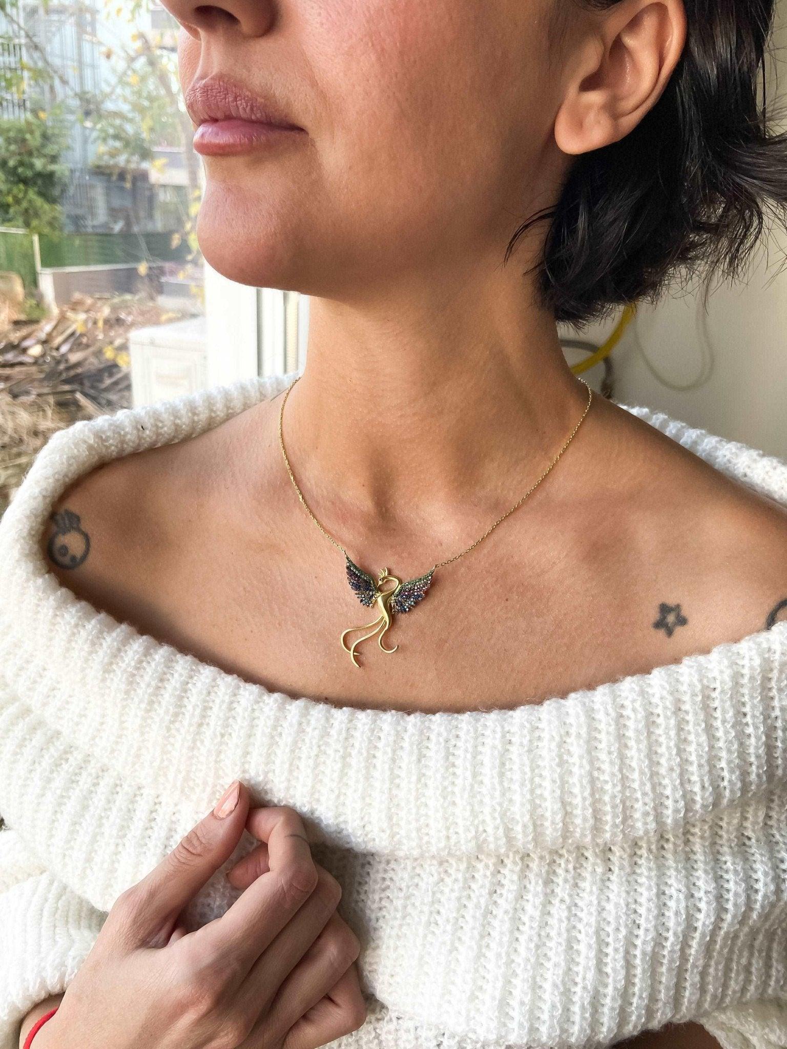 Rainbow Phoenix Gold Planet Necklace 925 Sterling Silver, Custom Desing Firebird Handmade Jewelry Strength Pendant, Bird Gold Phoenix - Tracesilver