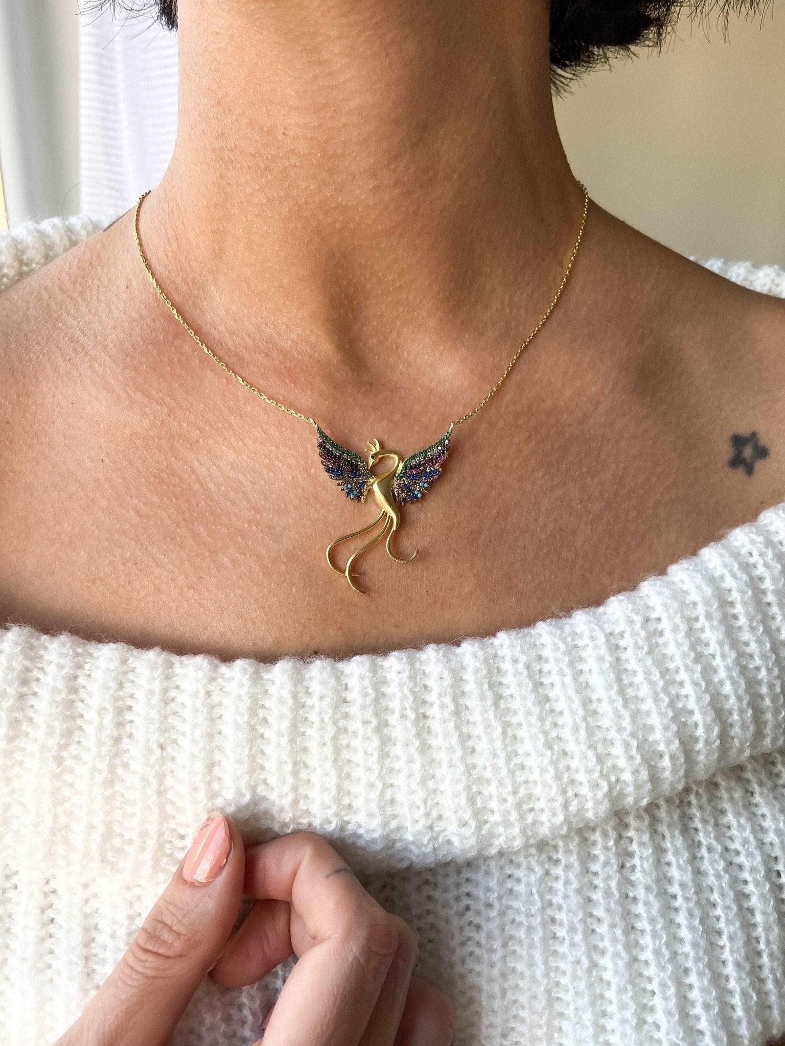Rainbow Phoenix Gold Planet Necklace 925 Sterling Silver, Custom Desing Firebird Handmade Jewelry Strength Pendant, Bird Gold Phoenix - Tracesilver